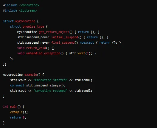 C++ coroutines code example